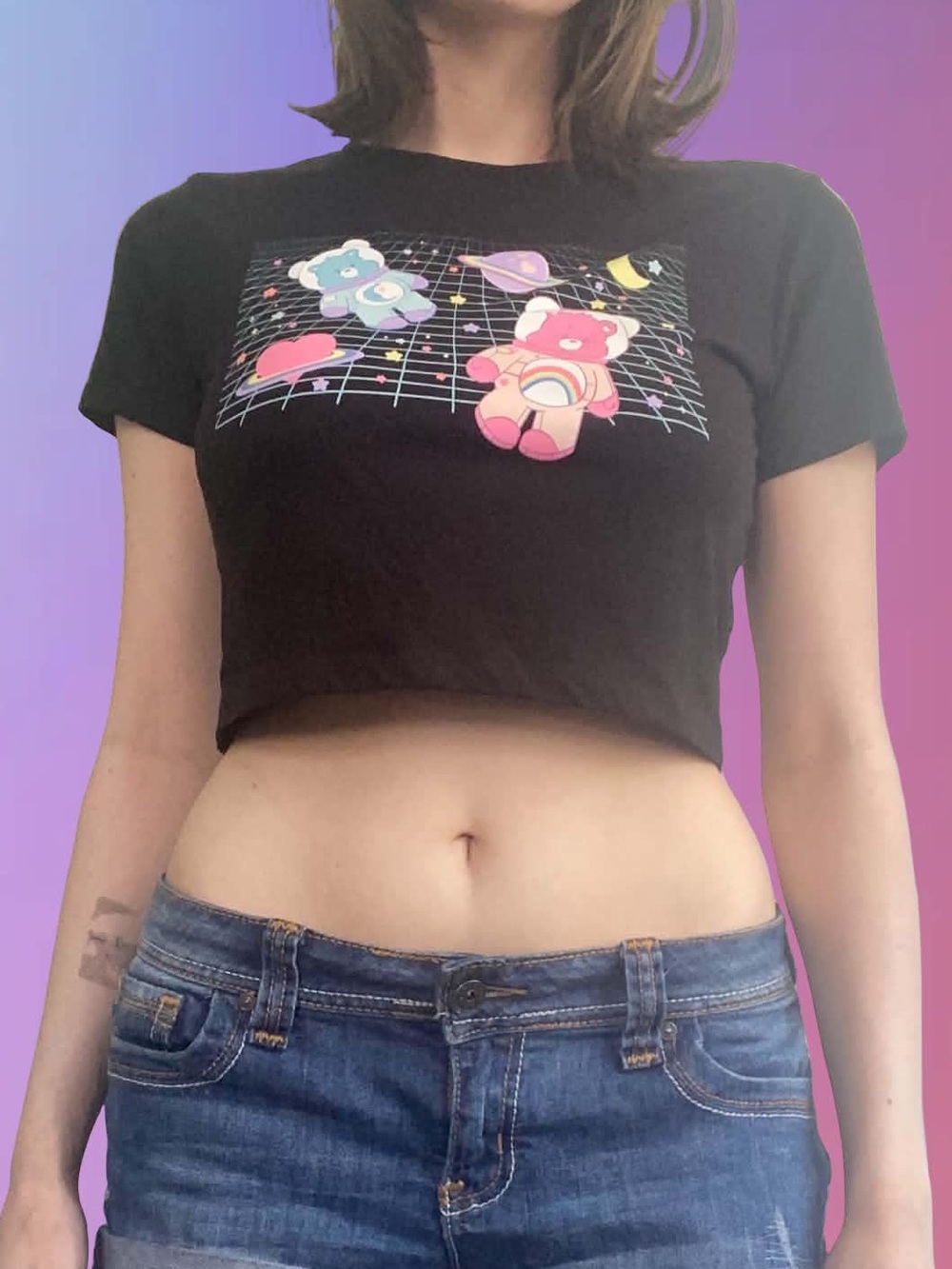 Ardenes black Care Bears vaporwave-style space crop top